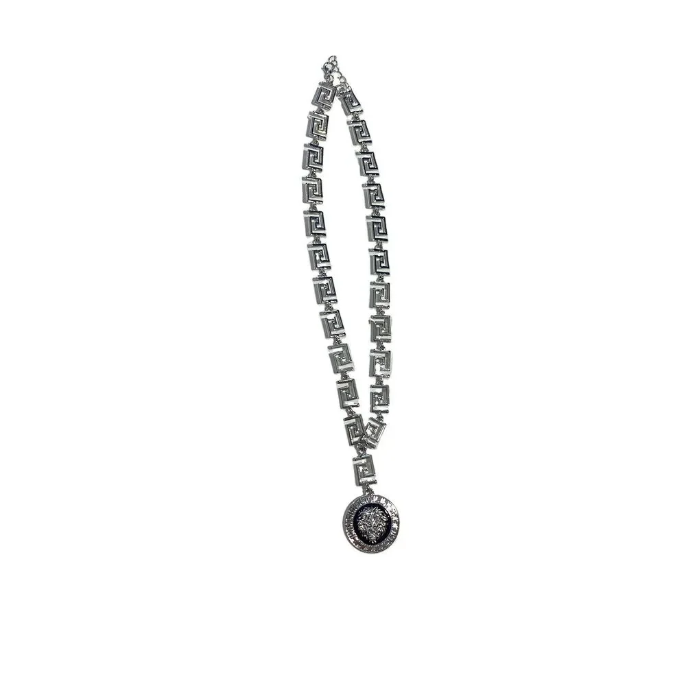 Silver Tone Greek Meander Link Necklace with Black Lion Medallion Pendant Charm